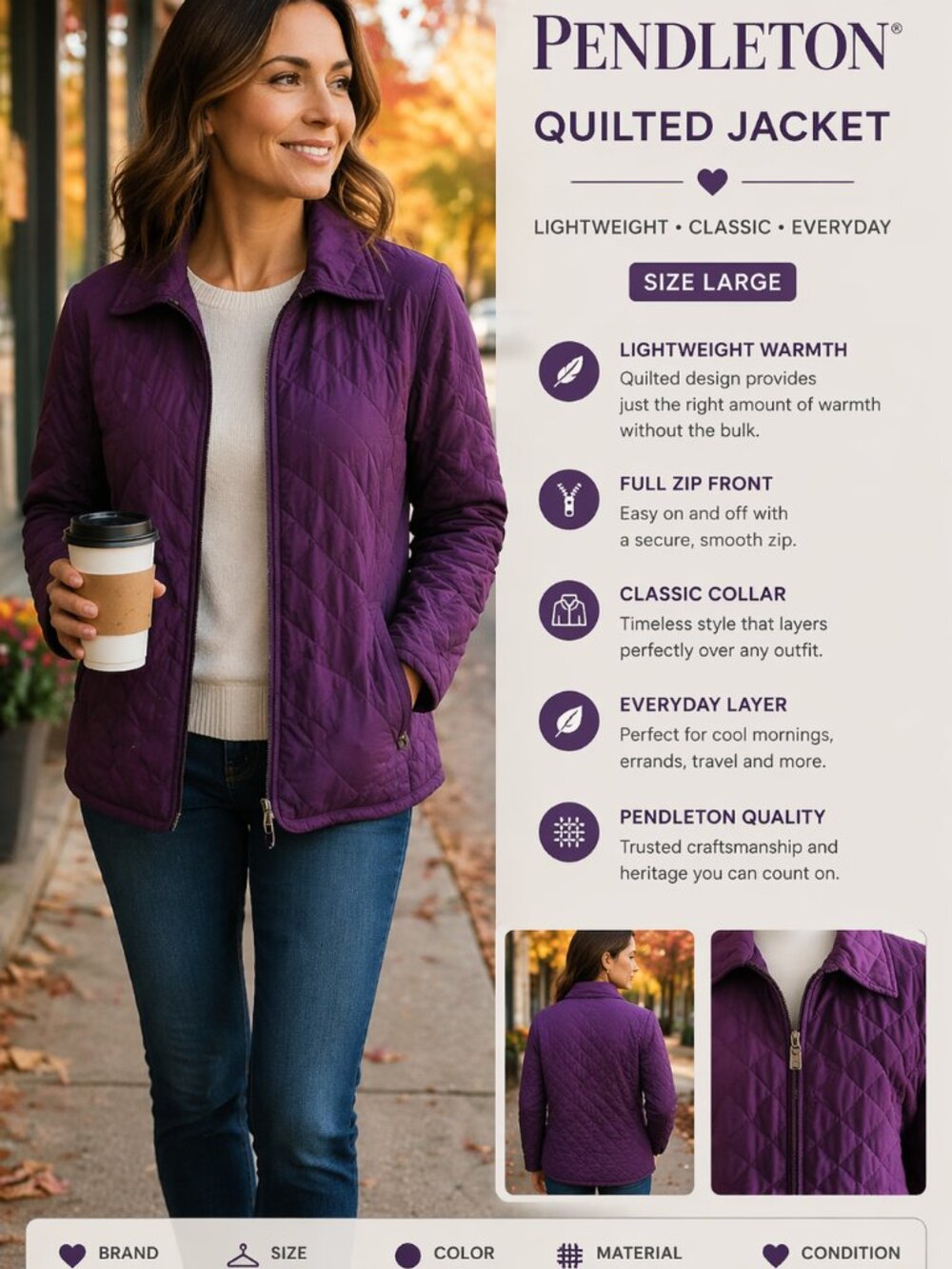 Pendleton Quilted Jacket Womens L Purple Diamond Barn Coat Full Zip Lightweight - Picture 5 of 12
